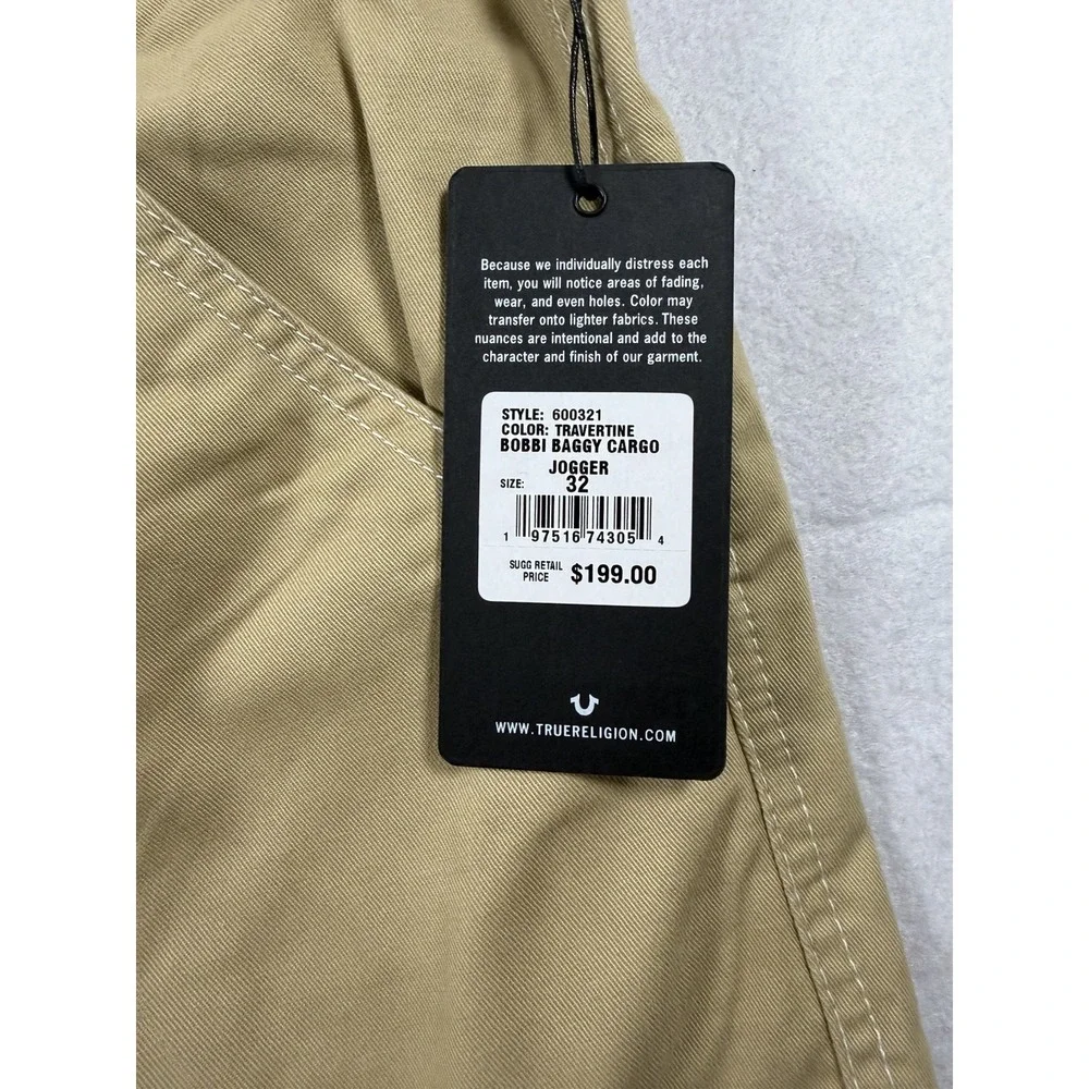 True Religion Bobbi Baggy Cargo Joggers Travertine Khaki Mens 32 NWT 600321